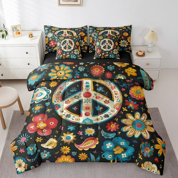 Boho Flower Comforter 7 Pieces Extoic Peace Sign Bohemian King Bed In A Bag,Hippie Style Bedding Set Woman Watercolor Artwork Hippy Sheet Set With Comforter