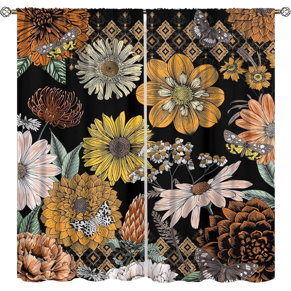Boho Flower Curtains for Living Room, Vintage Paisley Floral Window Treament for Bedroom, Retro Bohemian Floral Print Blackout Drapes 2 Panel Sets,52x84 Inch