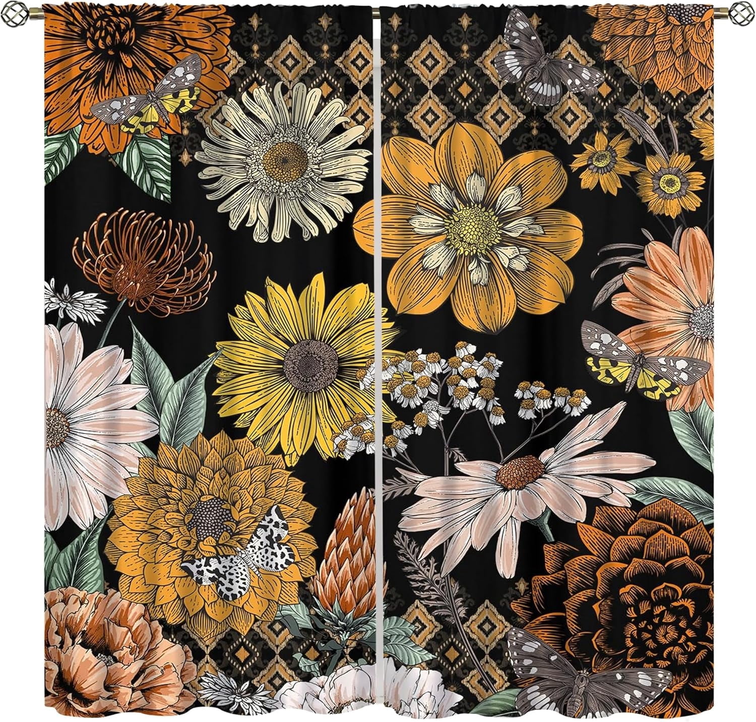 Boho Flower Curtains for Living Room, Vintage Paisley Floral Window Treament for Bedroom, Retro Bohemian Floral Print Blackout Drapes 2 Panel Sets,55x63 Inch