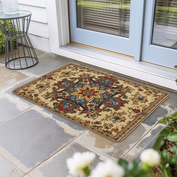 Boho Flower Door Mat Indoor Outdoor, Bohemian Western Rustic Tribal Patterns Non Slip Welcome Mat with Rubber Backing, Absorbent Fabric Front Door Mats Entryway Rug for Home Patio Entrance 16"x24"