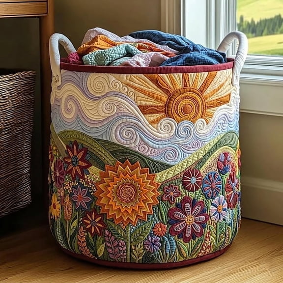 Boho Flower Field Quilted Laundry Basket: Wild Flowers Hamper, Family Storage Bin