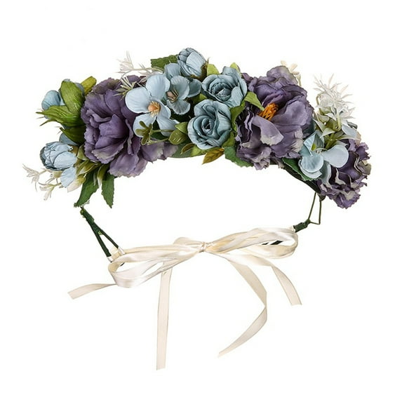 Boho Flower Headband Hair Wreath Floral Garland Crown Halo Headpiece with Ribbon Wedding Festival Party