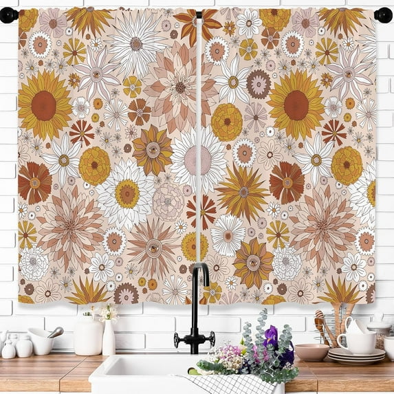 Boho Flower Kitchen Curtains Retro Bohemian Floral Bathroom Curtains Window Treatment Drapes Funky Vintage Sunflower Daisy Colored 70S Cafe Small Bedroom Short Curtains Fabric 26x36 Inch