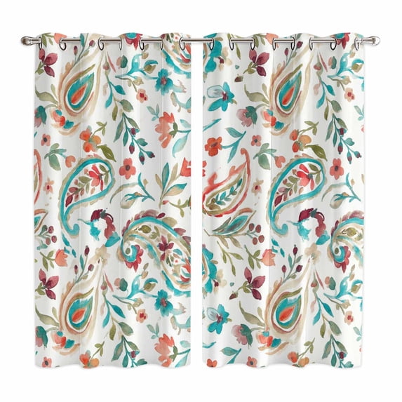 View of Boho Flower Kitchen Curtains Window Panels, Spring Watercolor Paisley Floral Leaf Plant ...