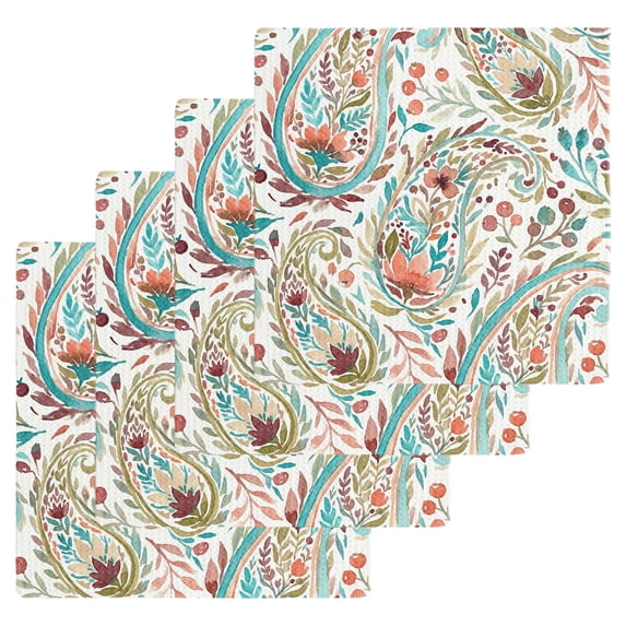 Boho Flower Kitchen Dish Towels for Drying Dishes Set of 4, Spring Watercolor Botanical Paisley Floral Leaf Waffle Weave Microfiber Hand Tea Bathroom Towels Quick Dry & Absorbent Towel 12x12