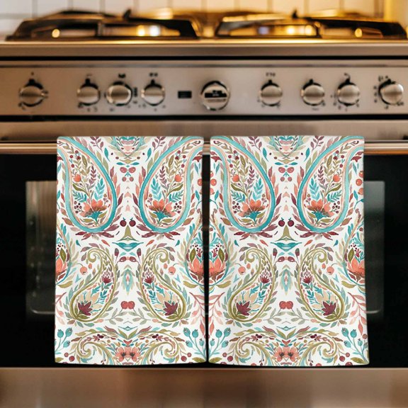 Boho Flower Kitchen Towels Set of 3, Spring Watercolor Botanical Paisley Floral Leaf Absorbent Dish Towels for Kitchen, Microfiber Hand Towel, Quick Drying Tea Towel for Cleaning Dishcloths