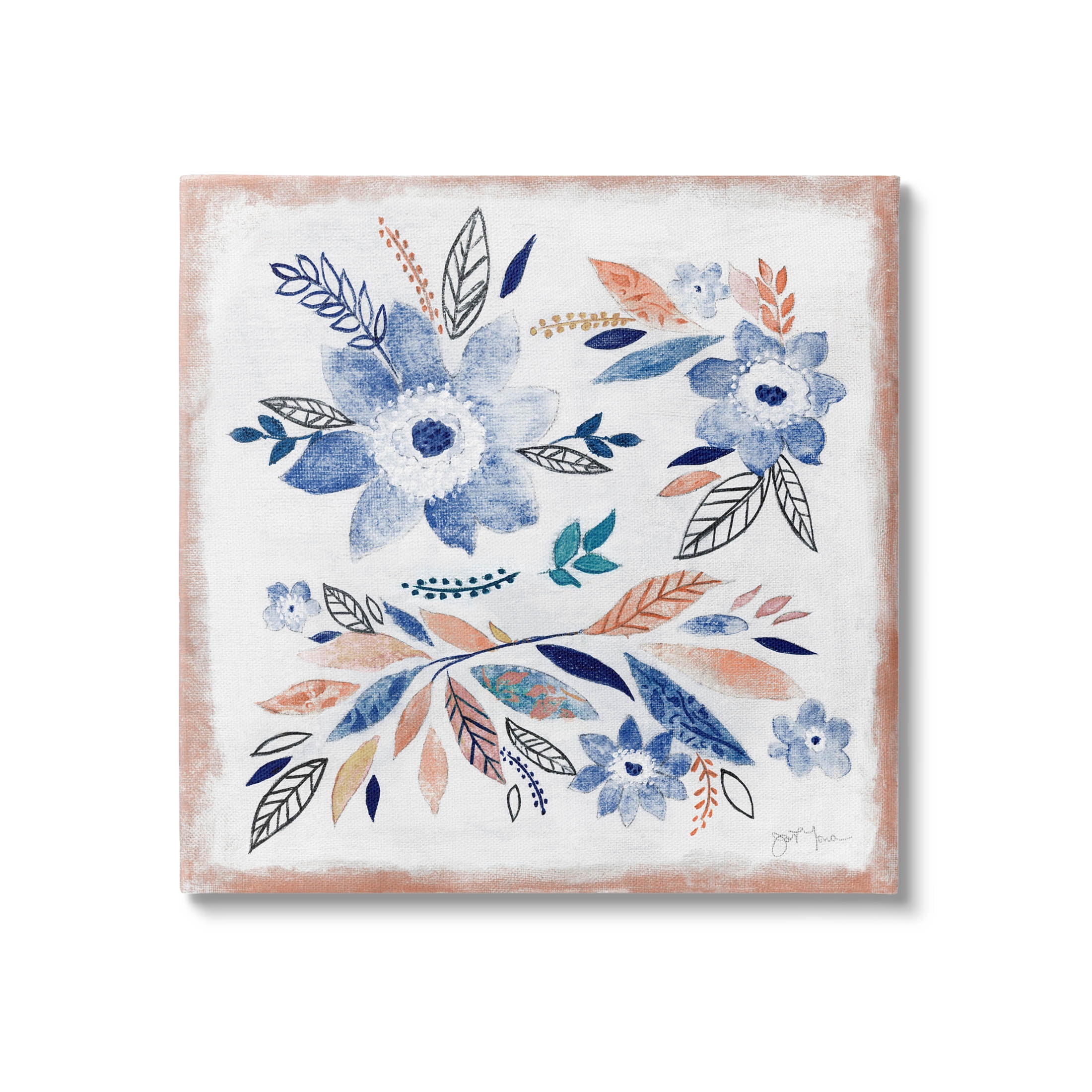 Boho Botanical Blue and Orange Floral Canvas Art with Wooden Frame