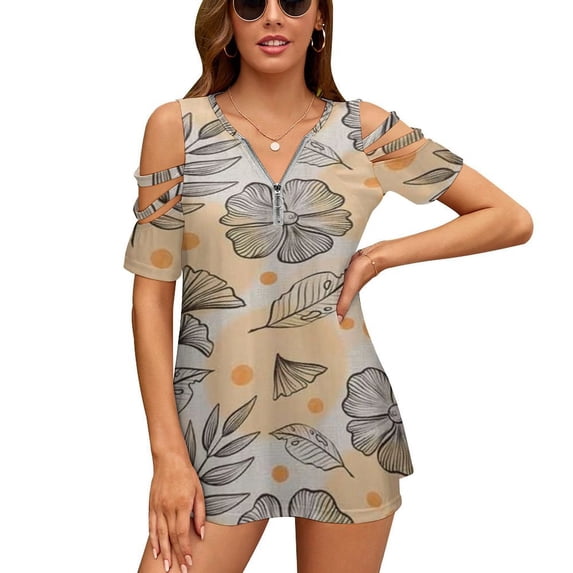 Boho Flower Leaf French Womens Summer V Neck Zipper Top Short Sleeve T Shirt Off Shoulder Top Casual Classy Loose Shirts