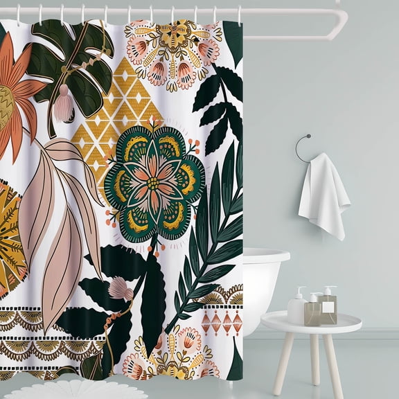 Boho Flower Leaves Shower Curtains 72×72 Inches, Tropical Floral Bath Curtains, Boho Printed Curtain for Bathroom 12 Hooks