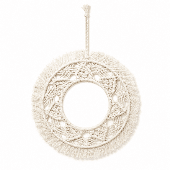 Boho Flower Macrame Wall Mirror with Fringe Tassels, 14" Round Decorative Vanity Mirror for Bedroom, Living Room & Entryway Decor, Hand-Woven Natural Cotton Wall Art, Alabaster Cream