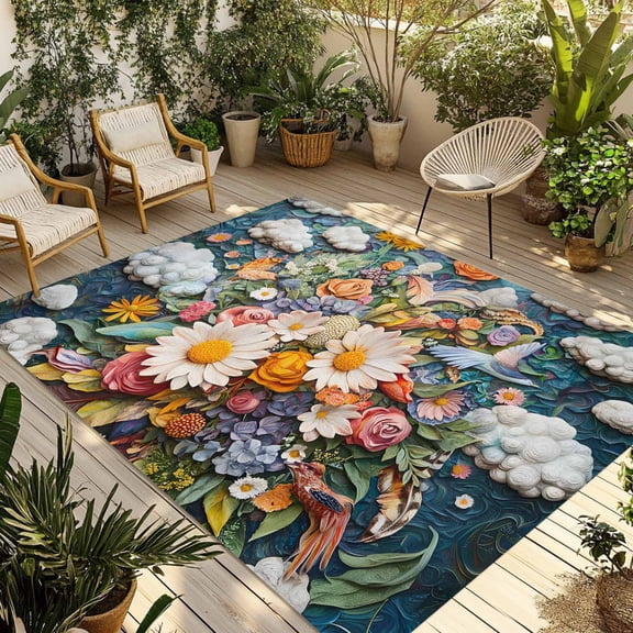Boho Flower Outdoor Rug 5x7 Ft - Reversible Patio Rug Outdoor Camping Rugs, Retro Daisies Bohemia Floral Clouds Ethnic Washable Indoor Outdoor Area Rugs, Non-Slip Outdoor Carpet Runner for Deck/Porch