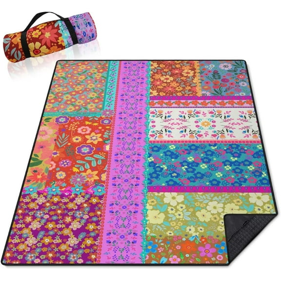 Boho Flower Picnic Blankets Waterproof Foldable,60''x80'' Portable Dual Layers Outdoor Travel Camping Backpacking Hiking Beach Blanket Mat for Grass Lawn Park Beach,Picnic Accessories