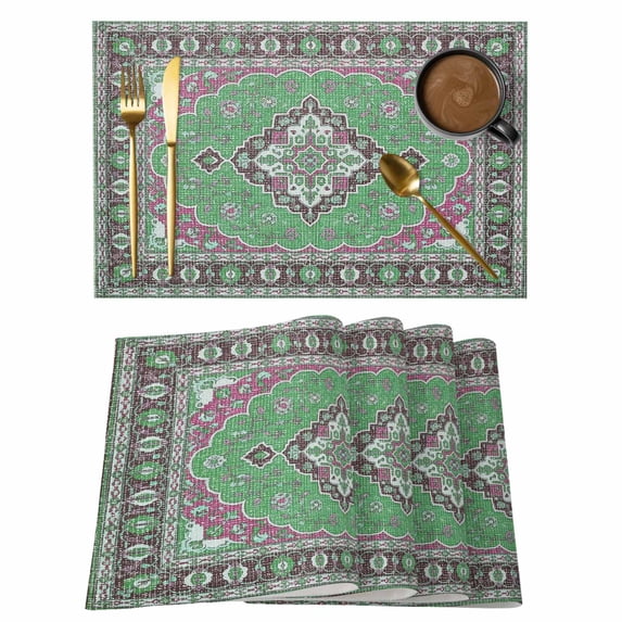 Boho Flower Placemats Set of 4, Pink Green Bohemia Geometric Tribal Ethnic Non-Slip Place Mats Washable Table Mats for Kitchen Dining Table Decorations Indoor/Outdoor