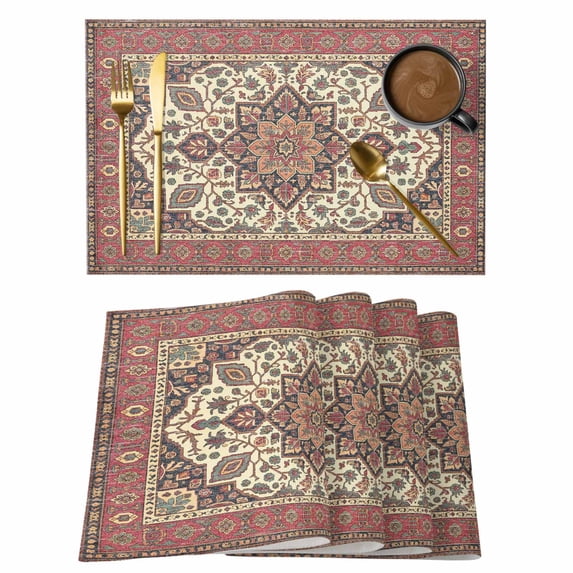 Boho Flower Placemats Set of 8, Retro Brown Bohemia Geometric Tribal Ethnic Non-Slip Place Mats Washable Table Mats for Kitchen Dining Table Decorations Indoor/Outdoor