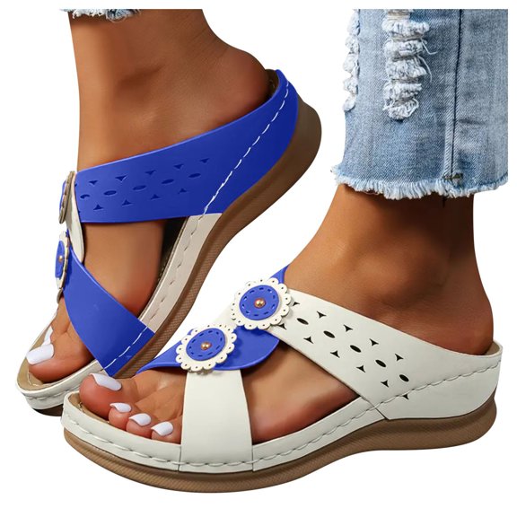 Boho Flower Platform Wedge Slip on Sandals for Women 2025 Arch Support Comfort Low Heel Dress Walking Slides