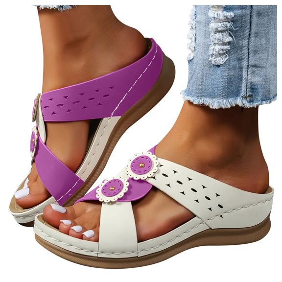 Boho Flower Platform Wedge Slip on Sandals for Women 2025 Arch Support Comfort Low Heel Dress Walking Slides