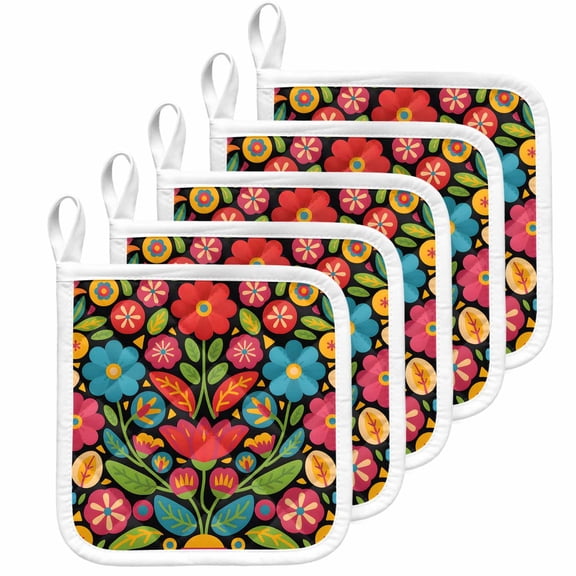 Boho Flower Pot Holders for Kitchen Heatproof Potholder, 5 Pack Red Blue Yellow Colorful Mexico Tribal Hot Pads Multipurpose Oven Pads Cloth Potholders Trivet for Cooking Baking
