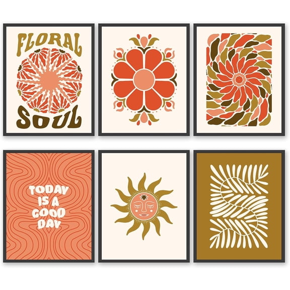 QTH Boho Flower Print 60s 70s Groovy Hippie Vintage Poster Magical Celestial Peace Love Wall Art Retro Floral Canvas Prints 8x10 Art Prints