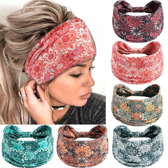 Boho Flower Print Headbands for Women Wide Twist Knotted Elastic Non-Slip Hair Bands Vintage Head Wraps Turbans Hair Accessories