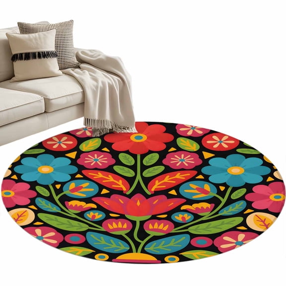 Boho Flower Round Area Rug 4ft, Red Blue Yellow Colorful Mexico Tribal Washable Non-Slip Circle Rugs for Bedroom Living Room Kitchen, Soft Non Shedding Circle Carpet for Dining Room Dorm