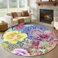 thumbnail image 1 of Boho Flower Round Rugs for Living Room 5ft National Style Peony Orchids Non Slip Circle Rug Washable Low-Profile Indoor Carpet for Bedroom, Dining Room, Bathroom, 1 of 9