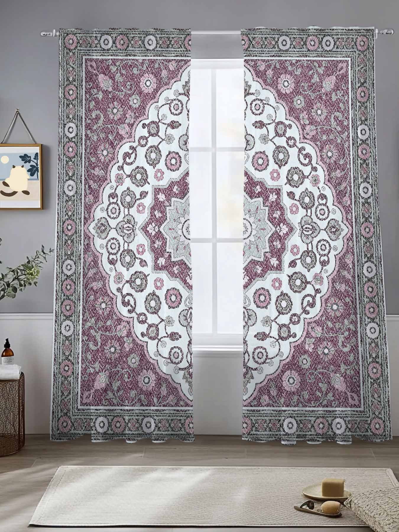 Boho Flower Sheer Curtains 108 Inches Long 2 Panels Pink Purple Bohemia ...