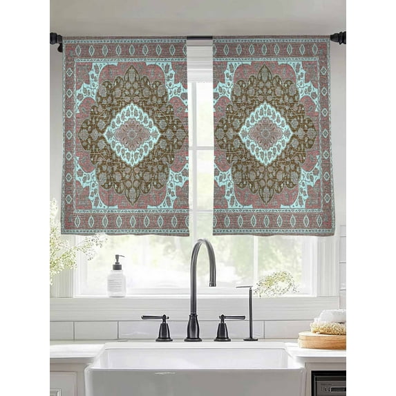 Boho Flower Sheer Curtains 54 Inches Long 2 Panels Pink Teal Bohemia Geometric Tribal Ethnic Light Filtering Semi Sheer Window Curtains Drapes for Bedroom Living Room 52"x54"