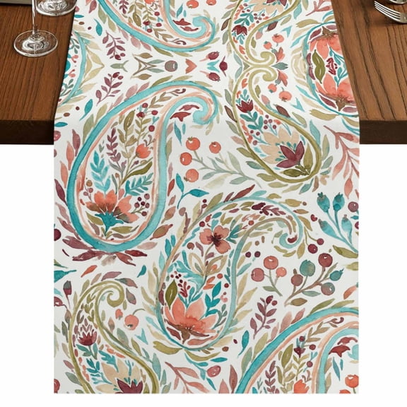 Boho Flower Short Table Runner 36 Inches Long,Spring Watercolor Botanical Paisley Floral Leaf Cotton Linen Table Runners Dresser Scarves,Fabric Tabletop Scarf Furniture Cover for Dinner Party 13"x36"