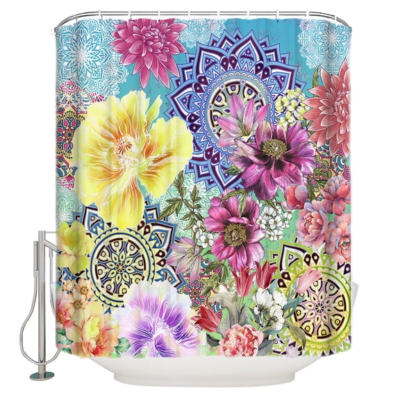 Boho Flower Shower Curtain, 72" x 72", National Style Peony Orchids Waterproof Bathroom Curtain Washable Shower Curtain Set with 12 Hooks