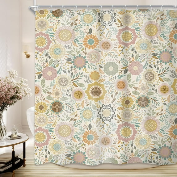 Boho Flower Shower Curtain Abstract Bohemian Vintage Retro Floral Sunflower Leaves Blossom Botanical Plants Bathroom Curtain Set Modern Girls Bath Bathroom Accessories Decor-60"W x 72"L (Pack of 1)