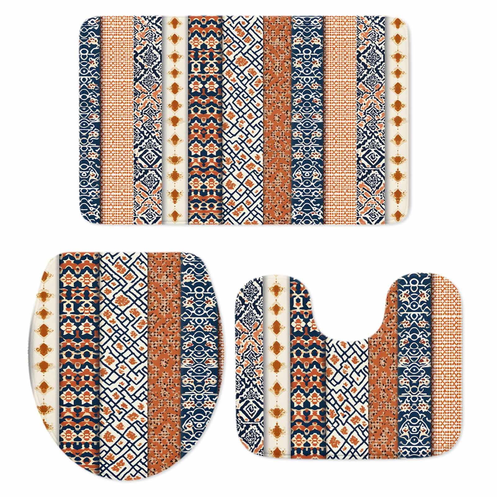 Boho Flower Stripe Bath Mat 3 Piece Bathroom Rug Set, Bohemian Ethnic ...