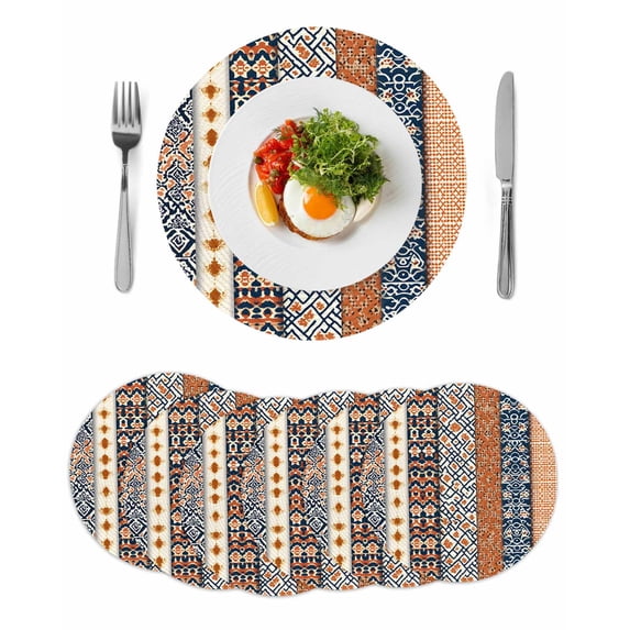 Boho Flower Stripe Round Placemats Set of 6 for Dinning Tables,Heat-proof Braided Table Mats 13 Inch,Bohemian Ethnic Retro Patterns Washable Place Mat for Kitchen Restaurant Party Decor Table Setting