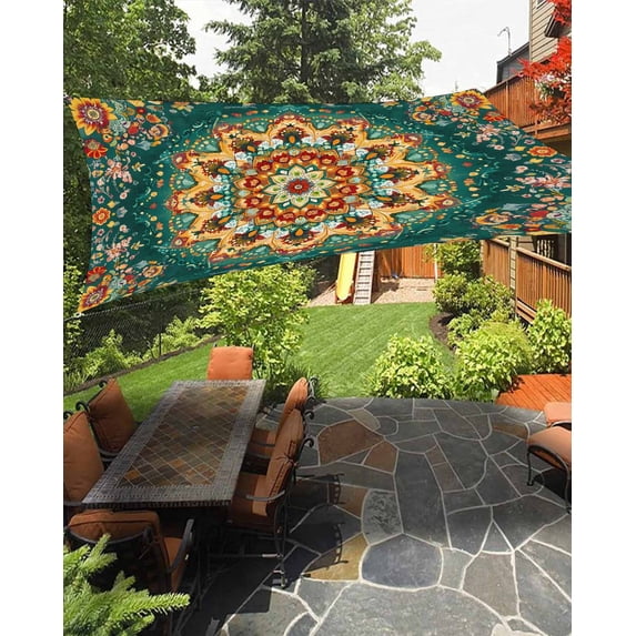 Boho Flower Sun Sail Shades Rectangle Canopy,Sunlight Block Heavy Duty Curved Backyard Shade Cover,Yellow Green Bohemian Colorful Medallion Waterproof Sun Shades for Patios Garden Pergola 14'x18'