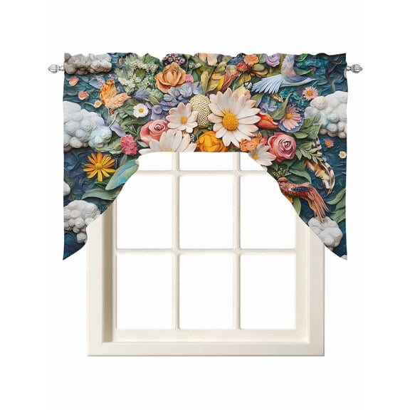 Boho Flower Swag Valances for Windows, Small Curtains Drapes, Retro Daisies Bohemia Floral Clouds Ethnic Kitchen Window Curtains Over Sink Window Treatment Valance for Bedroom/Bathroom 56"x36"