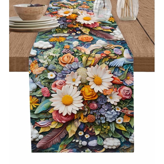 Boho Flower Table Runner 36 Inches, Retro Daisies Bohemia Floral Clouds Ethnic Bed Runner Dresser Scarves Tabletop for Indoor Outdoor Parties/Ceremony/Banquet, 13"x 36"