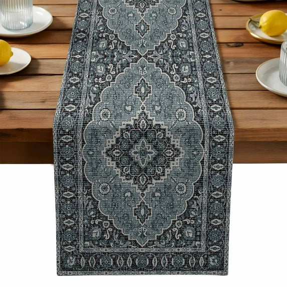 Boho Flower Table Runner, Blue Bohemia Geometric Tribal Ethnic Style Kitchen Table Runners Dress Scarves for Table Decorations Party/Restaurant/Indoor Outdoor Use, 18x72in
