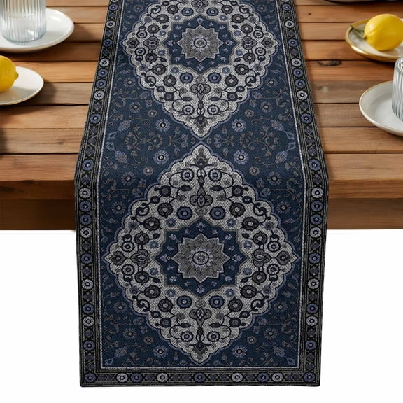 Boho Flower Table Runner, Navy Blue Bohemia Geometric Tribal Ethnic Kitchen Table Runners Dress Scarves for Table Decorations Party/Restaurant/Indoor Outdoor Use, 13x72in