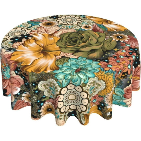 Boho Flower Tablecloth Round 60 Inch Colorful Mexican Mandala Bohemian Floral Circle Decorative Table Cloth Cover Waterproof Wrinkle-Free for Kitchen Dining Room Indoor Outdoor Farmhouse Party