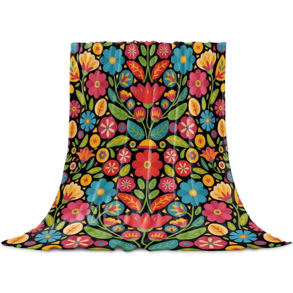 Boho Flower Throw Blanket for Couch, Soft Lightweight Flannel Fleece Blanket, Red Blue Yellow Colorful Mexico Tribal Microfiber Plush All Season Decorative Blankets Gifts for Sofa Office Lap 30"x40"