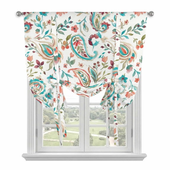 Boho Flower Tie Up Curtains for Windows, Balloon Window Shades, Spring Watercolor Paisley Floral Leaf Plant Kitchen Window Treatments Roll Up Curtain for Basement/Nursery 52"x45"