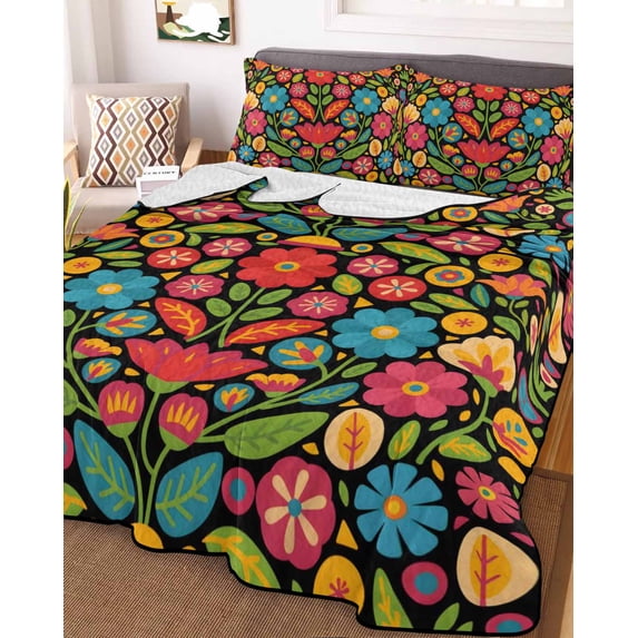 Boho Flower Twin XL Size Down Alternative Comforter, Lightweight Comforter Quilt Bedding Set with Pillow Shams Red Blue Yellow Colorful Mexico Tribal All Seasons Bed Comforter Duvet Insert 68"x98"