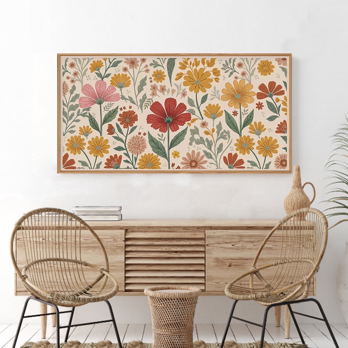 Boho Flower Wall Art Floral Wall Decor Framed Bloom Wall Painting Colorful Botanical Canvas Artwork for Living Room Bedroom Office 20X40 In