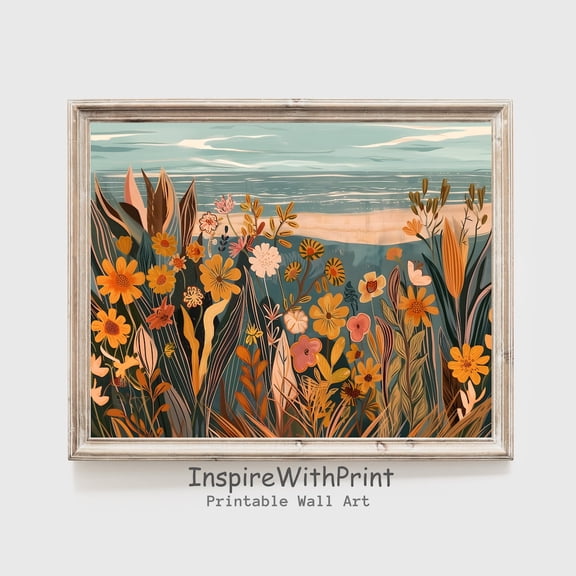 Boho Flower Wall Art, Printable Summer Landscape Poster Coastal Side Wildflower Landscape Poster Boho Sea Landscape Wall Art, MCM Wall Decor, Size 16x24 UNFFRAMED F03.1.6l800