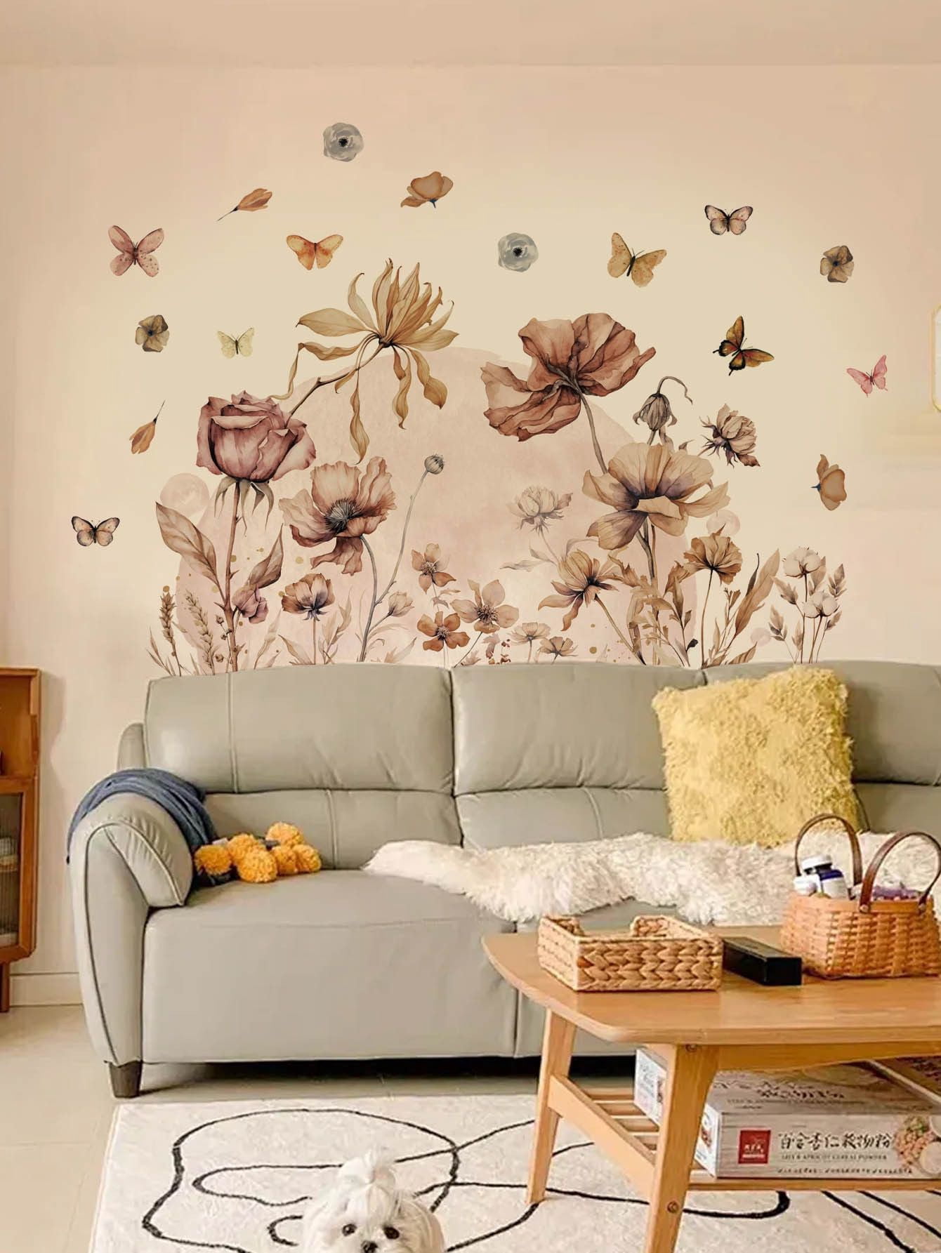 Boho Flower Wall Decals Garden Floral Butterflies Wildflower Wall Stickers Removable Self-Adhesive Vinyl Wall Clings for Living Room Bedroom Sofa TV Background Wall Art Decor