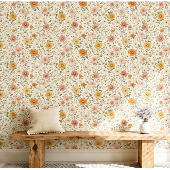 Boho Flower Wallpaper Daisy Floral Wallpaper Peel and Stick Colorful Botanical Wall Stick Natural Aesthetics Wall Decal for Bedroom Living Room 17.3Inx9.8 Ft