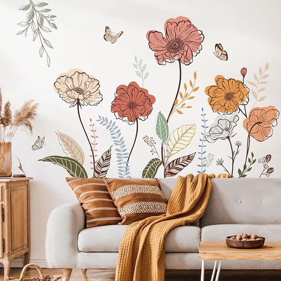 Boho Flower Wall Stickers Wildflower Floral Grass Peel and Stick Wall Art Decals for Living Room