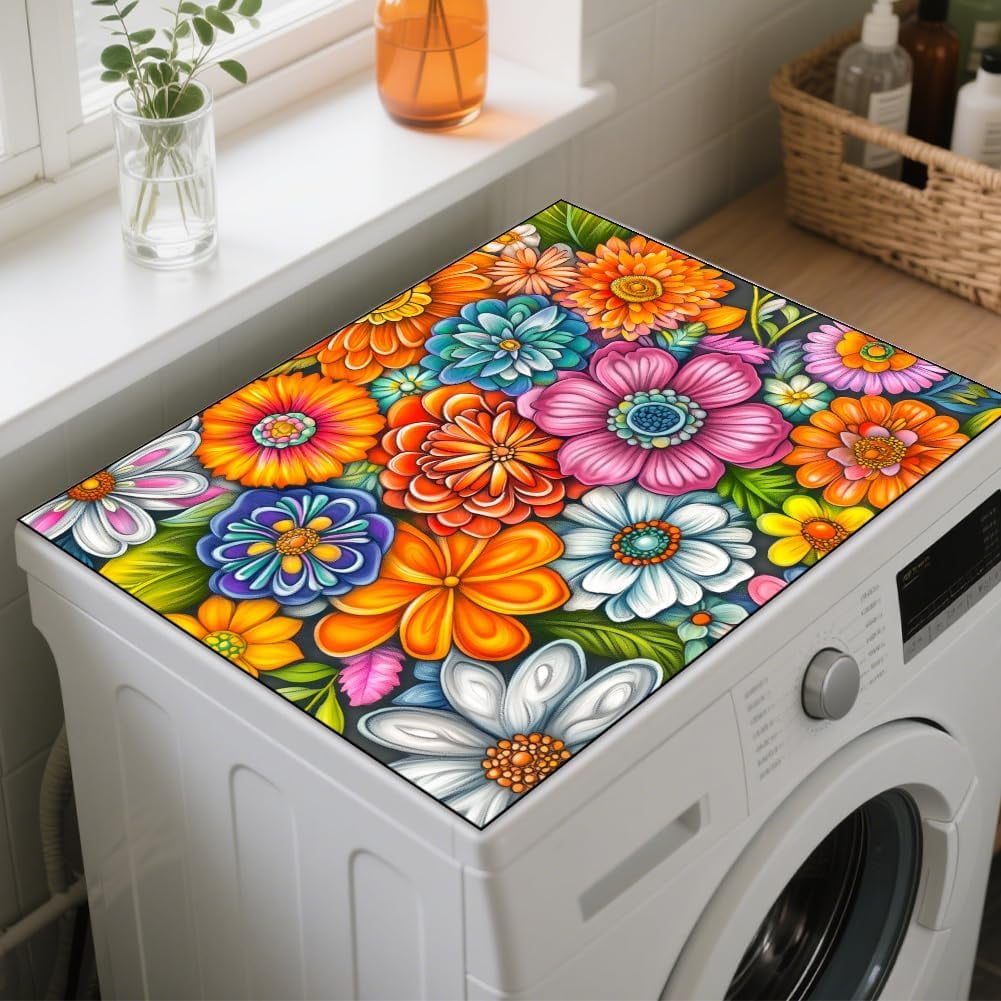 Boho-Flower Washer Dryer Dust Cover 23.6×19.7inch Mandala Washing Machine Top Protector Pads Non Slip Washing Machine Top Covers