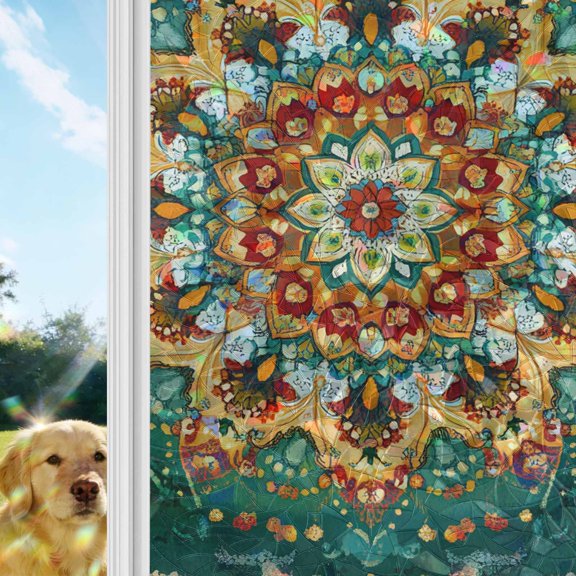 Boho Flower Window Privacy Film Stain Glass,Reusable Decorative Rainbow Window Film,Yellow Green Bohemian Colorful Medallion Static Cling Sun Blocking Stickers Decals Covers 17.7" x 39.3" (2pcs)