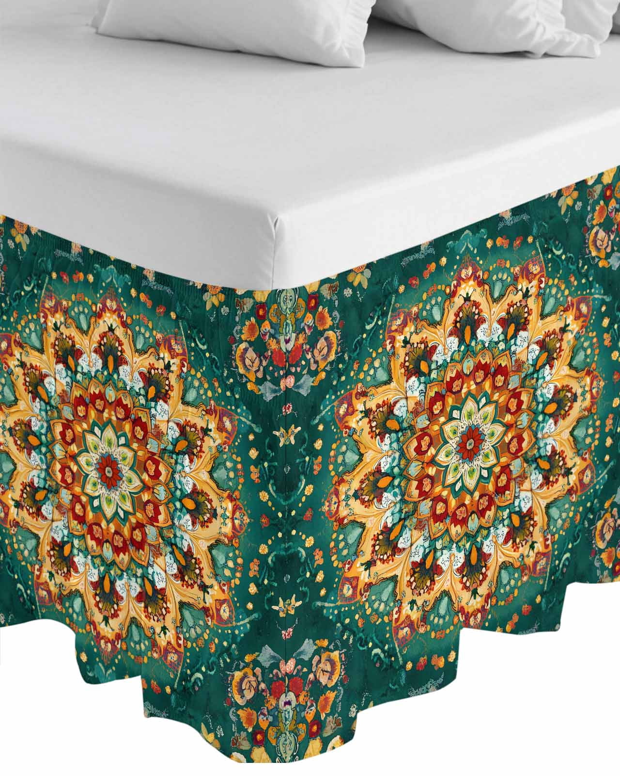 Boho Flower Wrap Around Bed Skirts for Queen Bed 16" Drop,Bed Skirt with Adjustable Elastic Belt Dust Ruffle Bed Valance for Bedroom Hotel Yellow Green Bohemian Colorful Medallion Bed Frame Cover