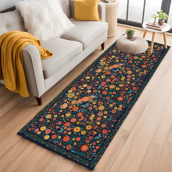 Boho Flowers 2'x6' Runner Rugs for Hallway Kitchen Bedside Non Slip Washable, Spring Abstract Watercolor Floral Leaf Entryway Rug Runners with Rubber Backing, Long Carpet Runner for Laundry Room
